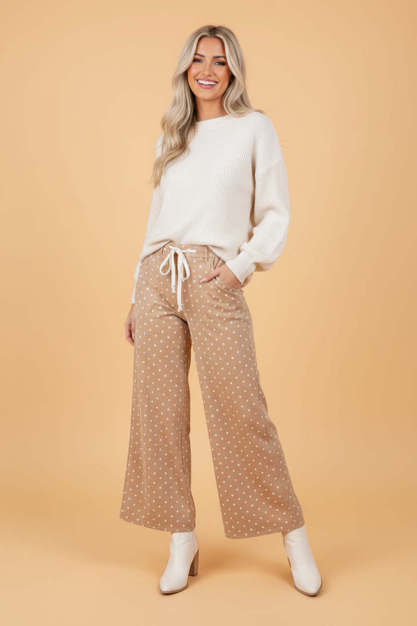 Polka Dot Drawstring High Waist Wide Leg Pants