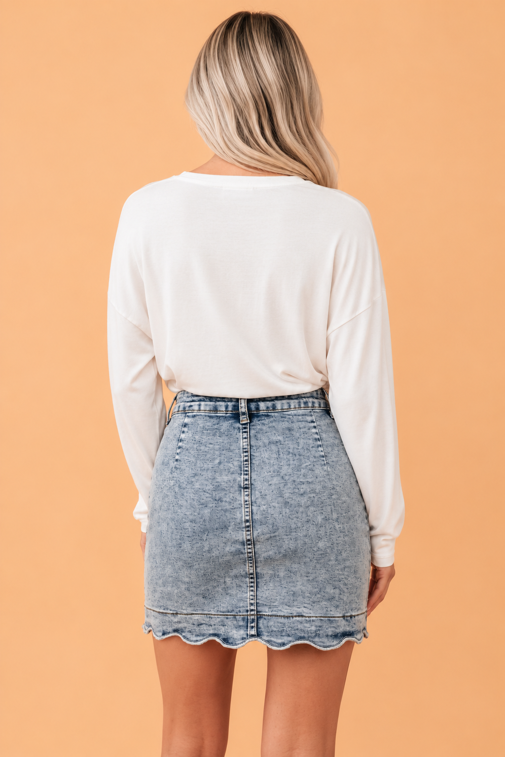 Denim Scalloped Hem Button Front Mini Skirt