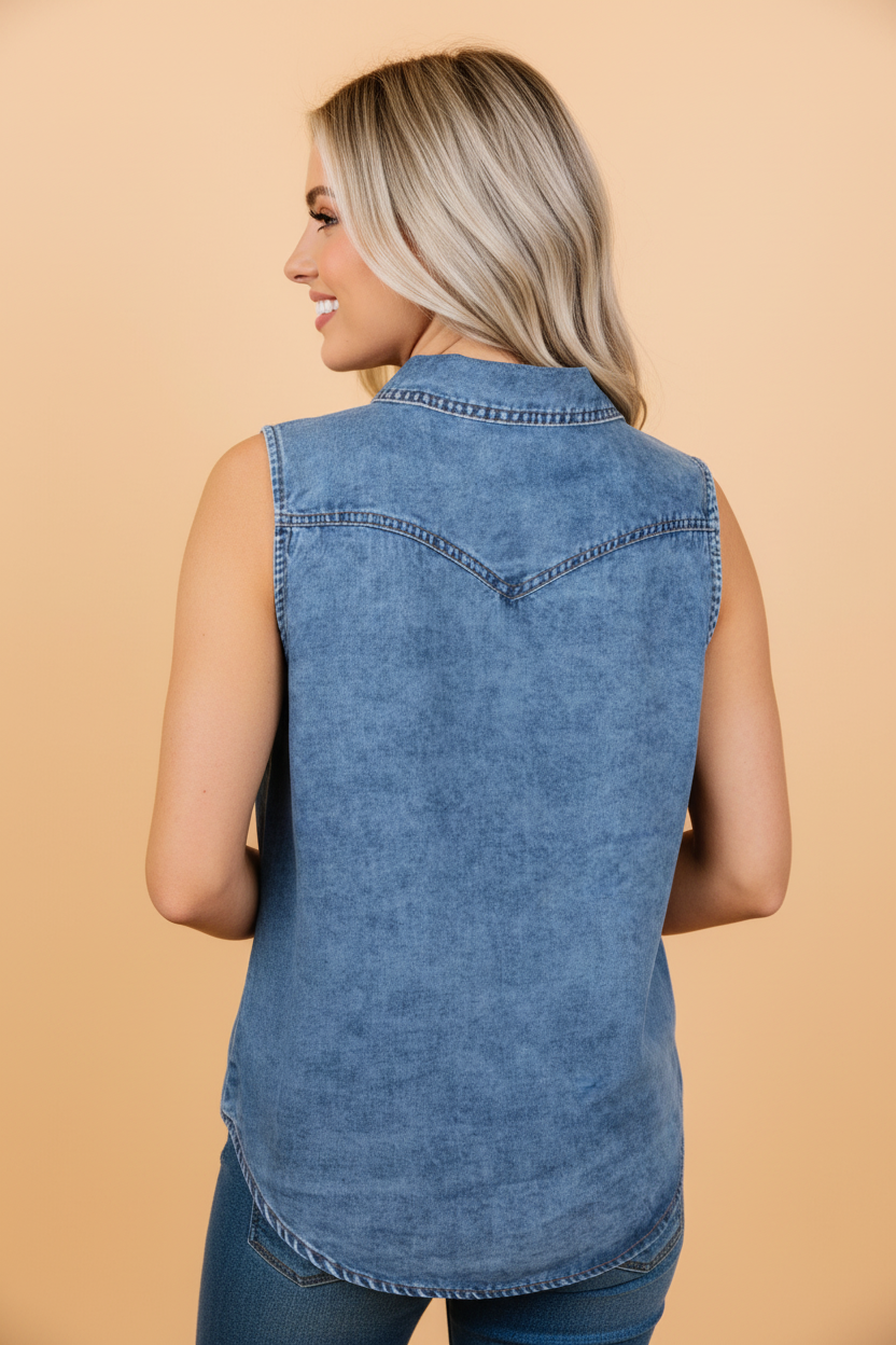 Denim Button Front Collared Sleeveless Vest