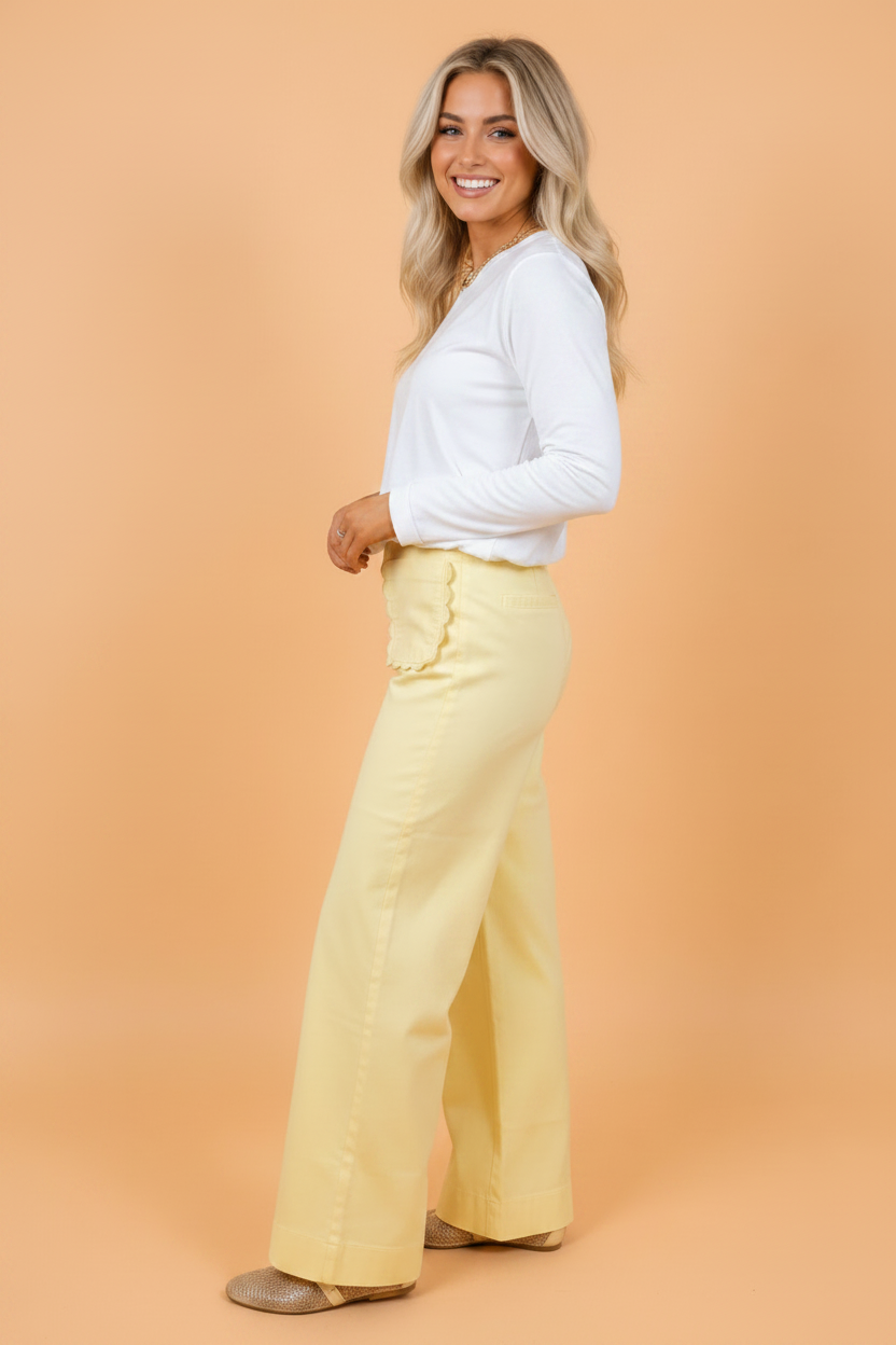 Solid Denim Scalloped Patch Pocket Shift Jeans