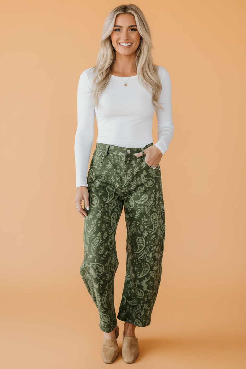 Paisley Denim High Waist Barrel Leg Pants