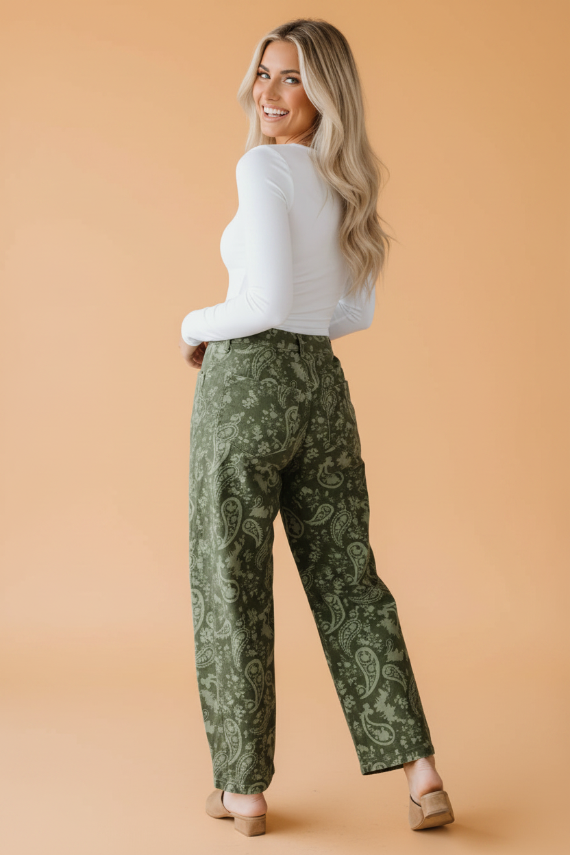 Paisley Denim High Waist Barrel Leg Pants