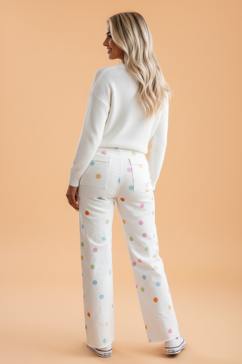 Polka Dot Denim High Waist Straight Leg Jeans