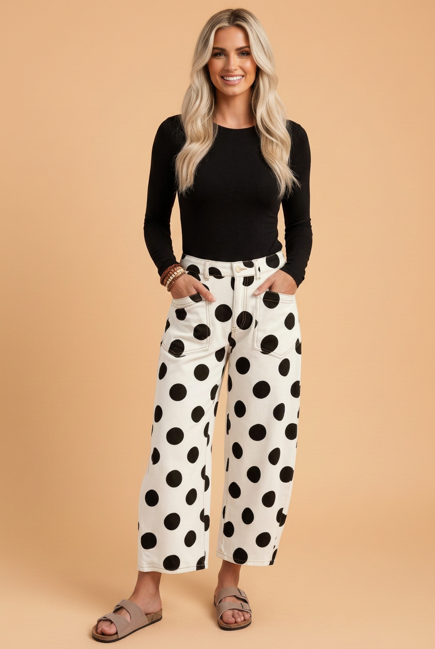 Polka Dot Denim High Waist Barrel Leg Jeans