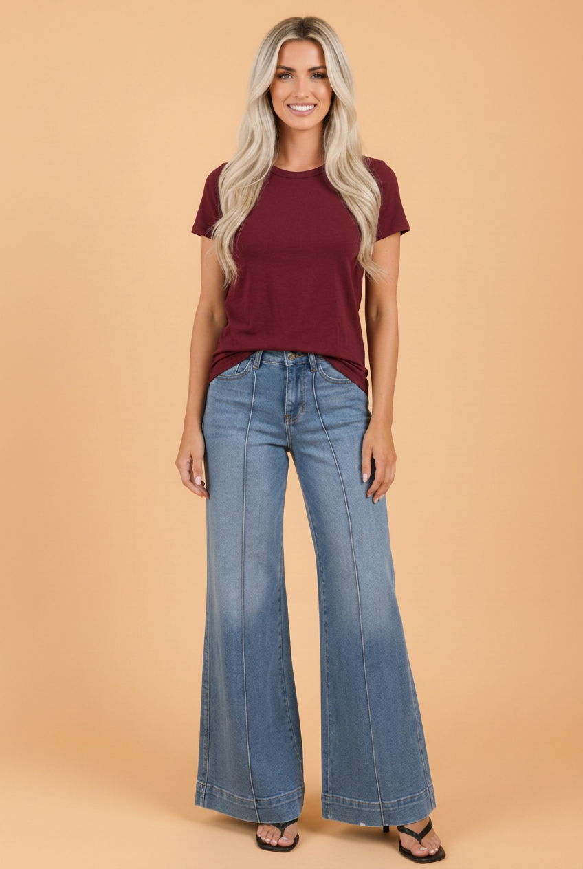 Denim Center Seam High Waist Flare Leg Jeans