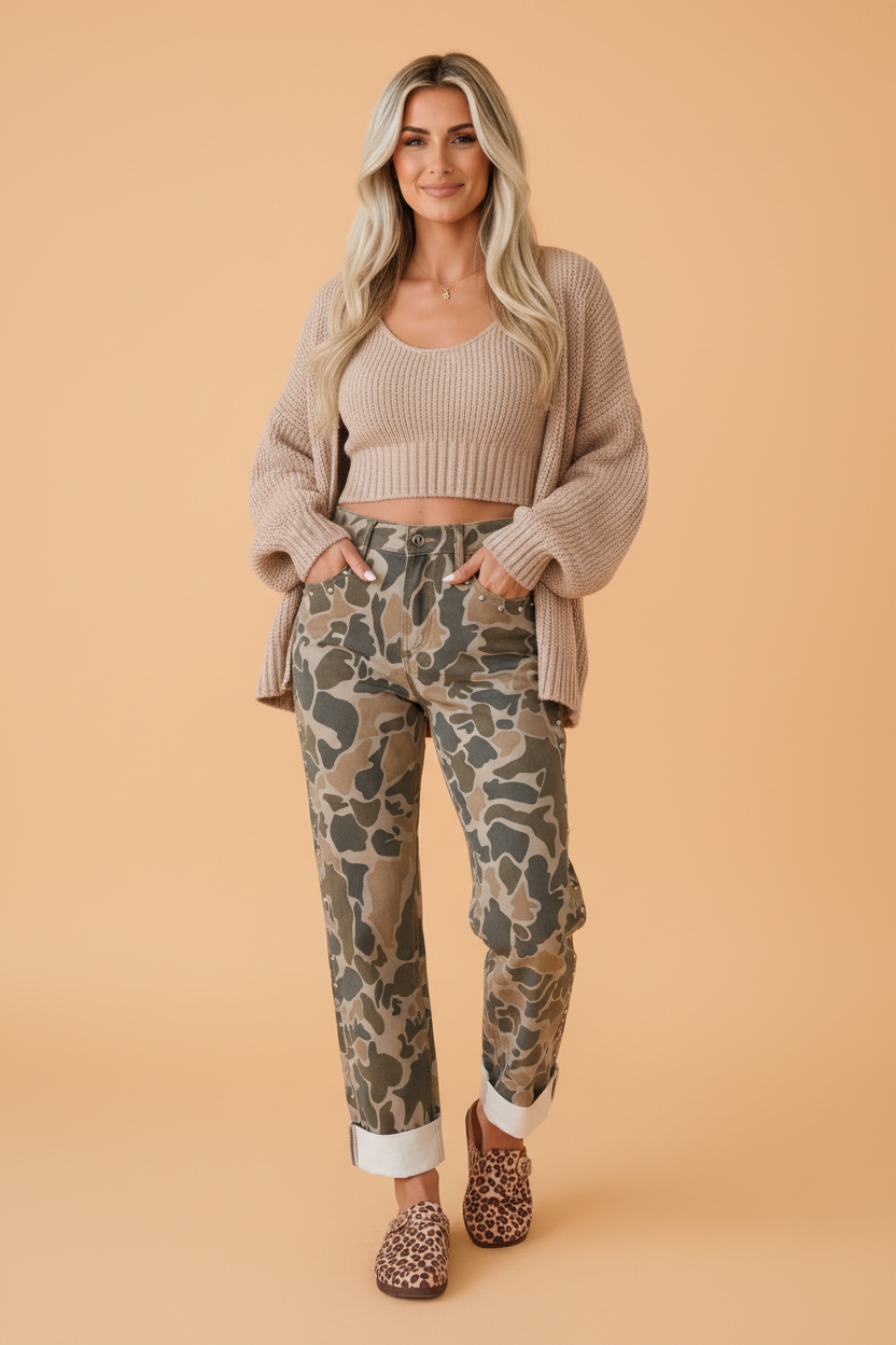 Camo Denim Studded Side Straight Leg Jeans