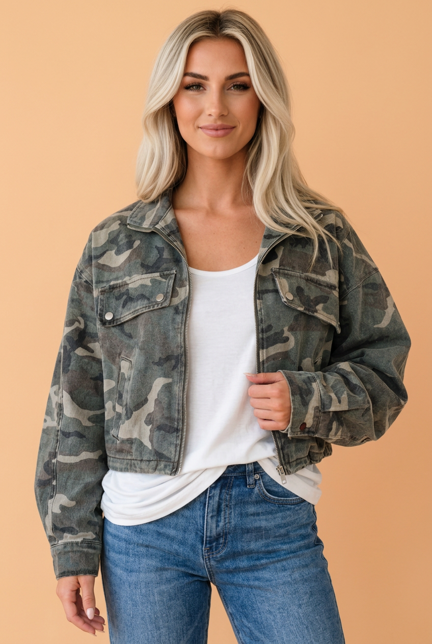Camo Denim Pleated Puff Sleeve Zip-Up Jacket