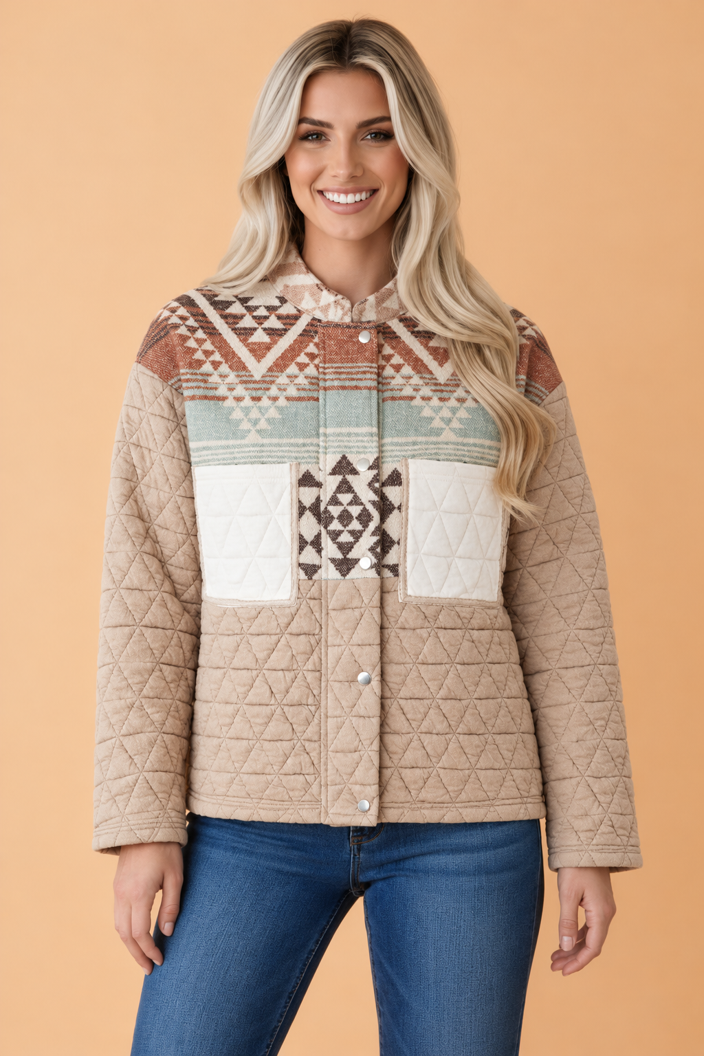 Western Aztec Patchwork Quilted Zip Up Jacket