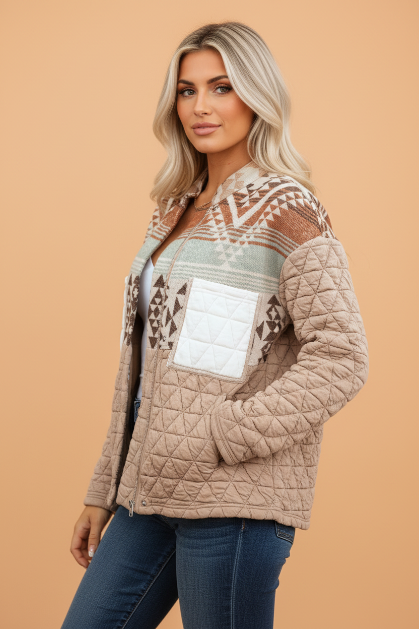 Western Aztec Patchwork Quilted Zip Up Jacket
