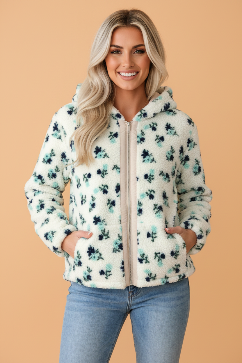 Floral Sherpa Fleece Zip-Up Hooded Jacket