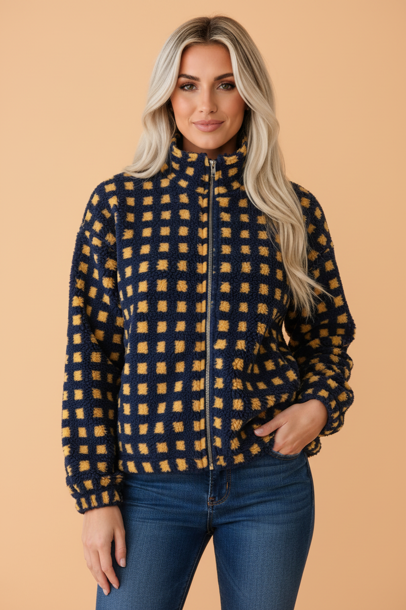 Gingham Sherpa Fleece Zip-Up Jacket