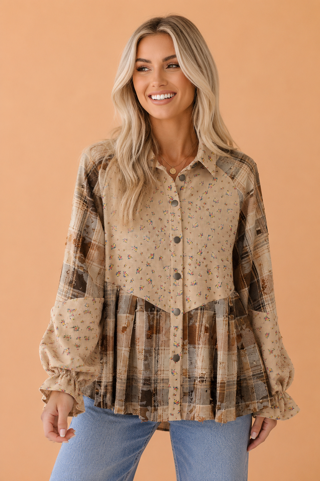 Floral Waffle Knit Plaid Patchwork Ruffle Shacket