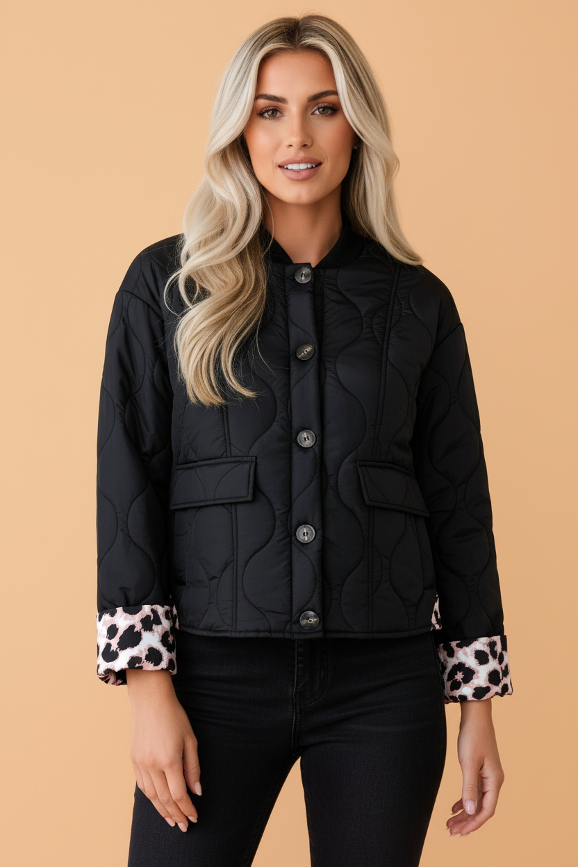Leopard Cuff Quilted Button Down Puffer Jacket