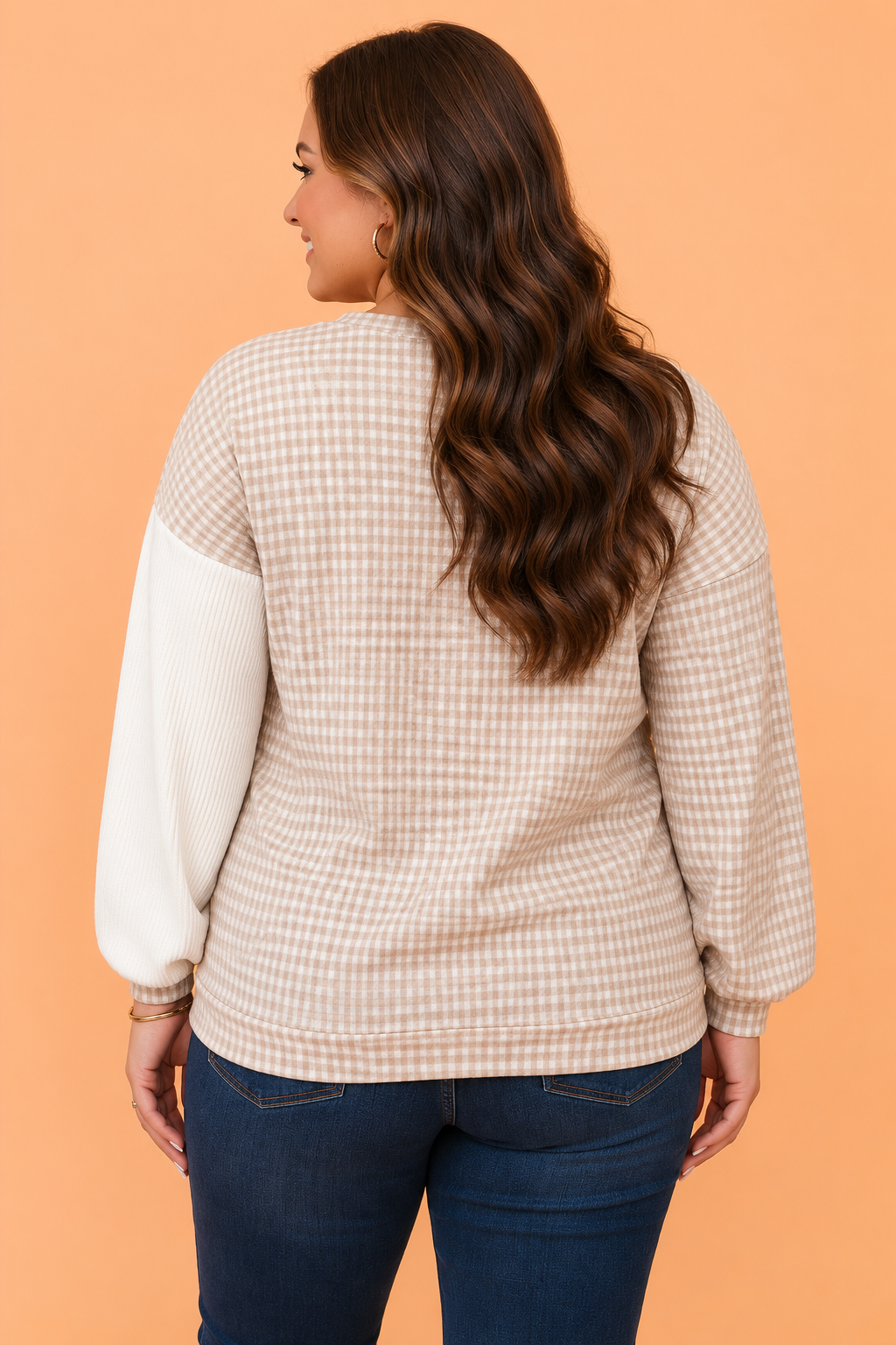 Plus Size Gingham Patchwork Long Sleeve Round Neck Blouse