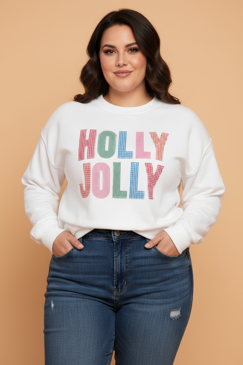 Plus Size Christmas HOLLY JOLLY Gingham Patchwork Sweatshirt