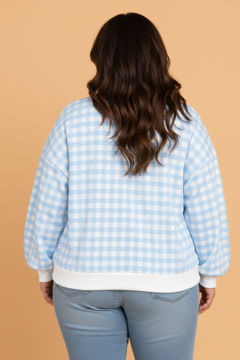 Plus Size Gingham Contrast Trim Drop Shoulder Sweatshirt