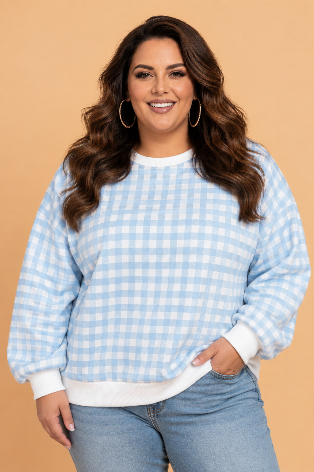 Plus Size Gingham Contrast Trim Drop Shoulder Sweatshirt