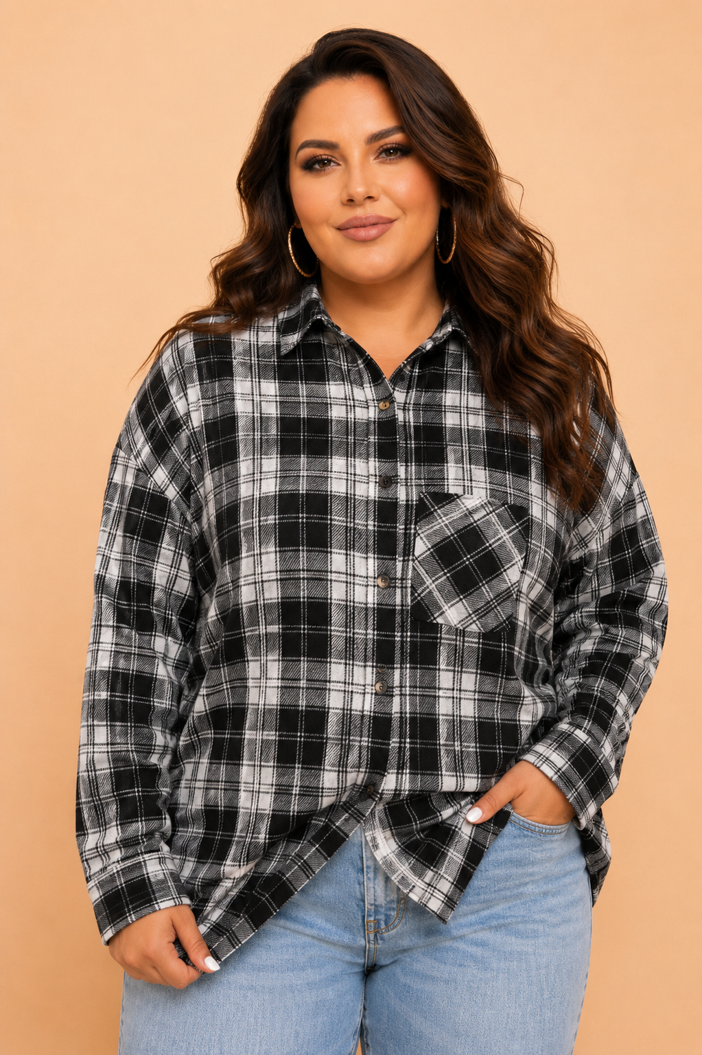 Plus Size Plaid Chest Pocket Long Sleeve Shacket