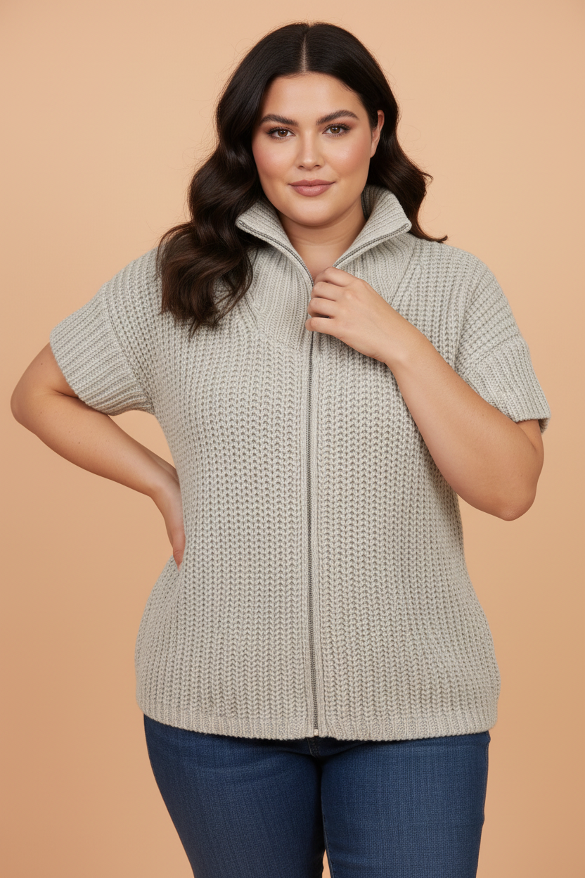 Plus Size Solid Zip Up Short Sleeve Knit Top
