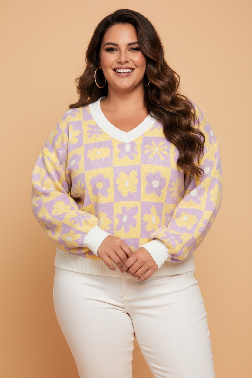 Plus Size Floral Checker V-Neck Long Sleeve Sweater