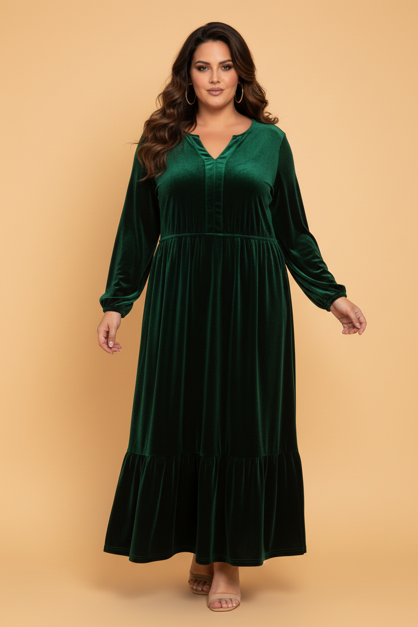 Plus Size Velvet V-Neck Long Sleeve Maxi Dress