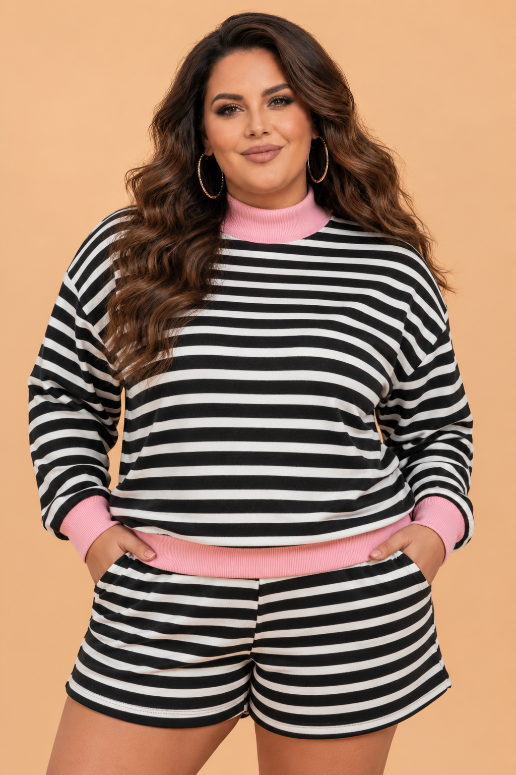 Plus Size Stripe Colorblock Sweatshirt & Short Set
