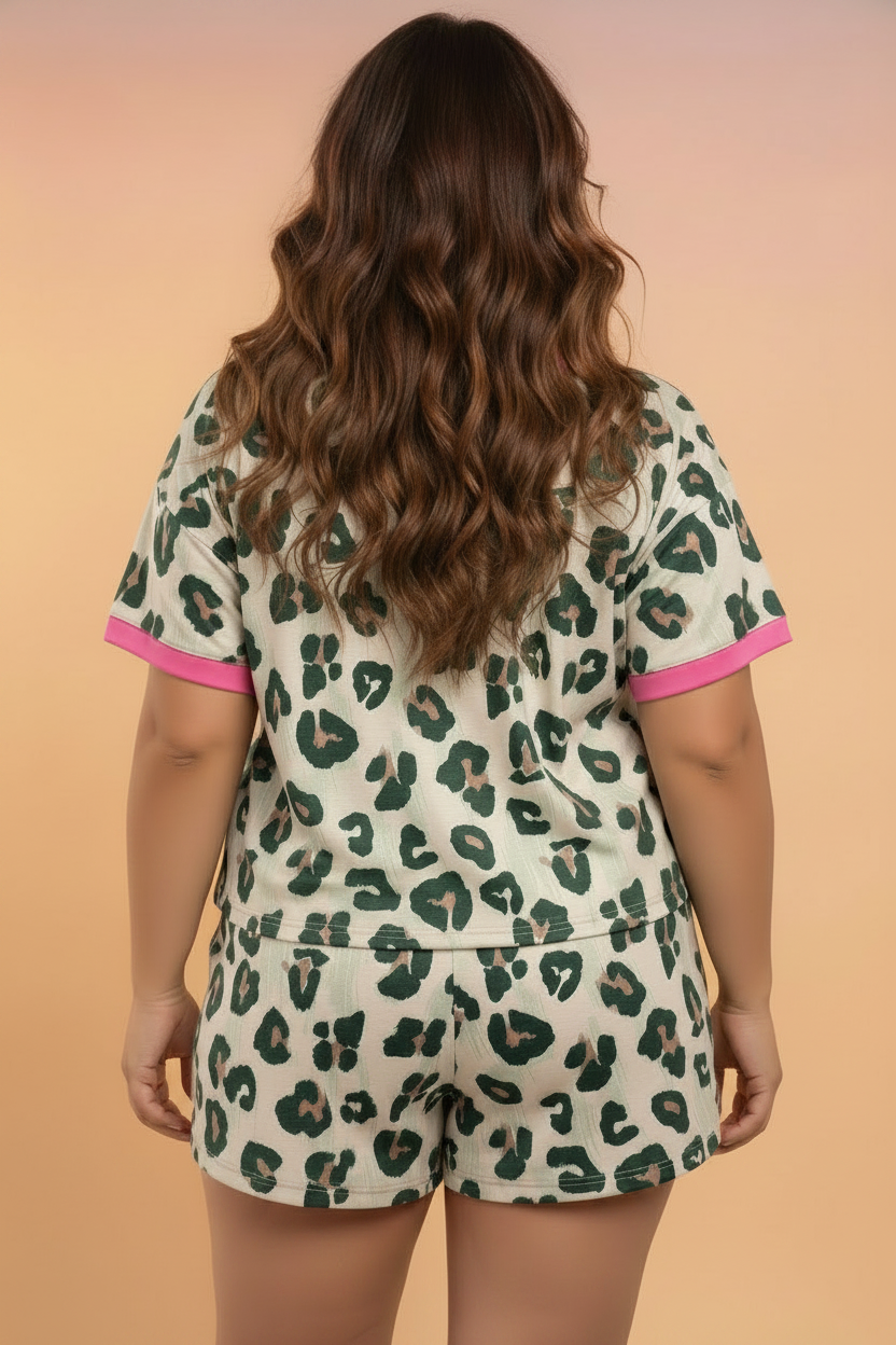 Plus Size Leopard Colorblock Top & High Waist Shorts