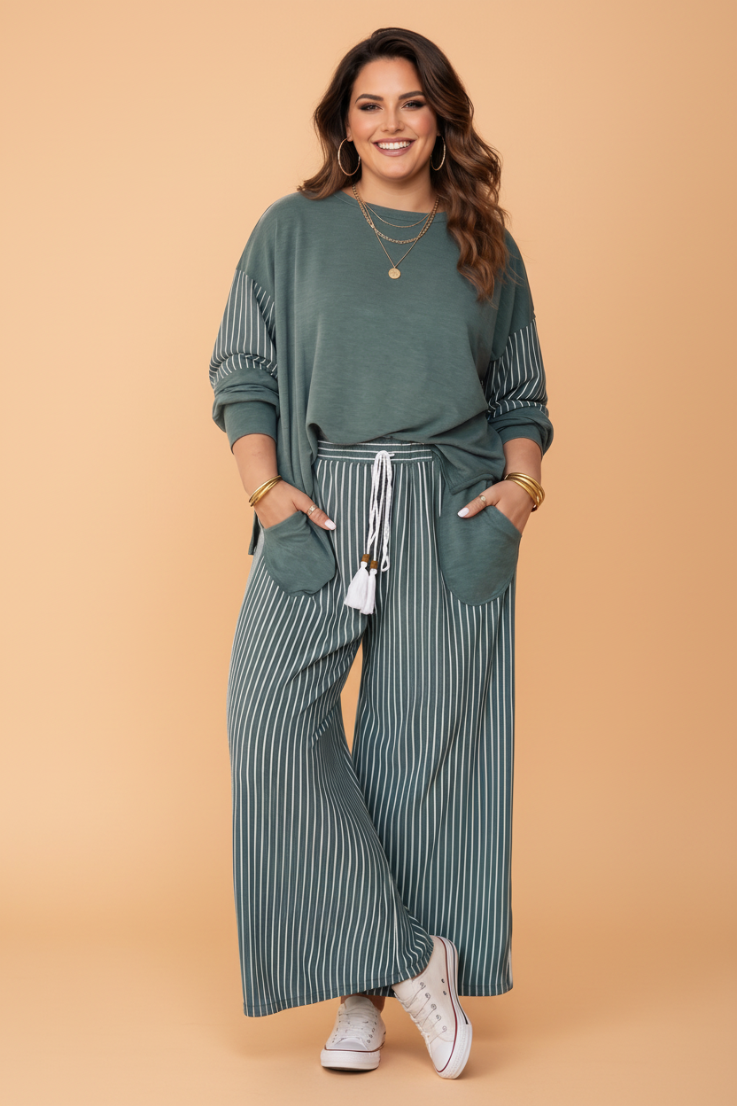 Plus Size Stripe Patchwork Raw Seam Top & Pants Set