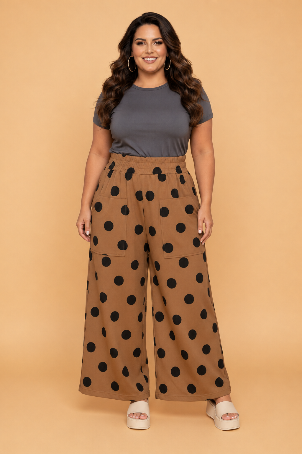 Plus Size Polka Dot Elastic Waist Wide Leg Pants