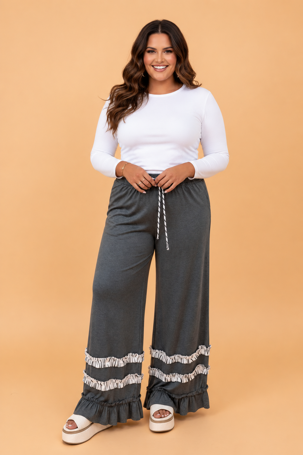 Plus Size Ruffle Trim Wide Leg Pants