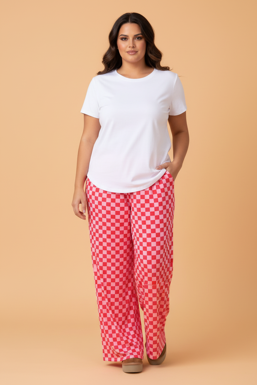 Plus Size Checker High Waist Wide Leg Pants