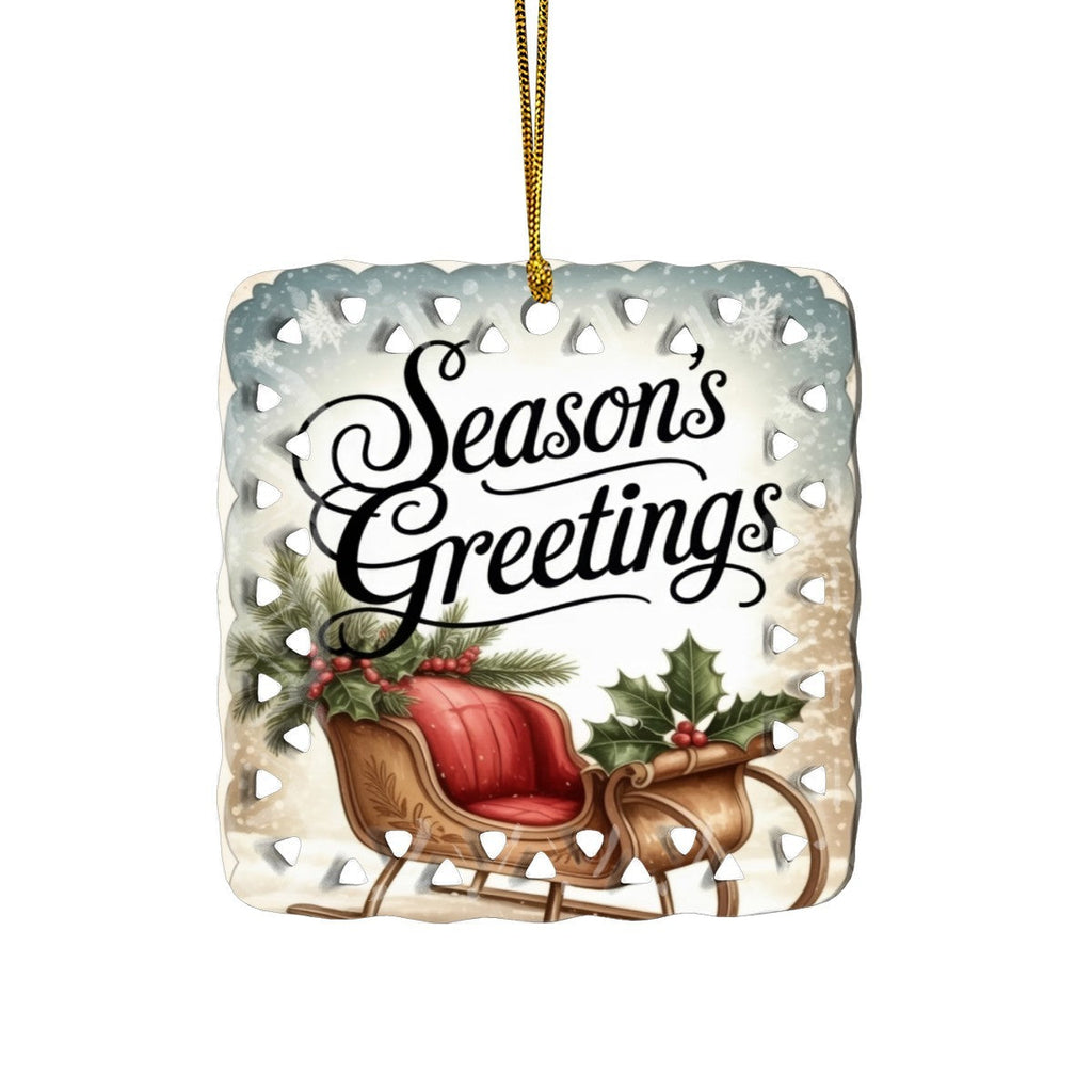 Vintage Season's Greetings Sleigh Cutout Square Ceramic Ornament