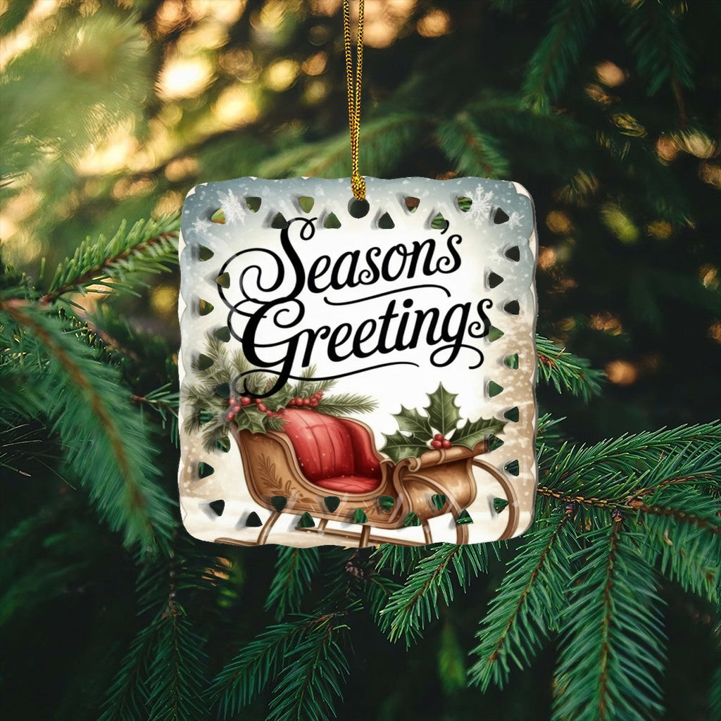 Vintage Season's Greetings Sleigh Cutout Square Ceramic Ornament