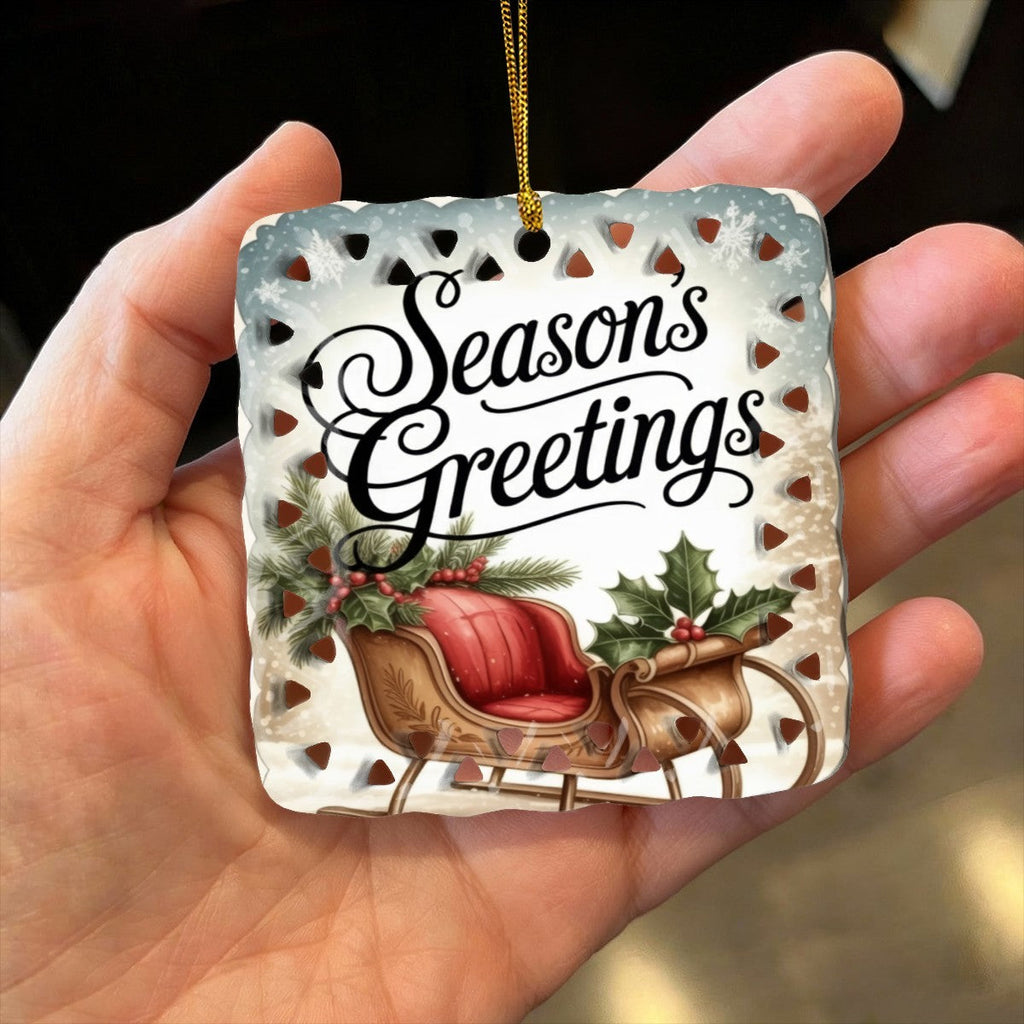 Vintage Season's Greetings Sleigh Cutout Square Ceramic Ornament