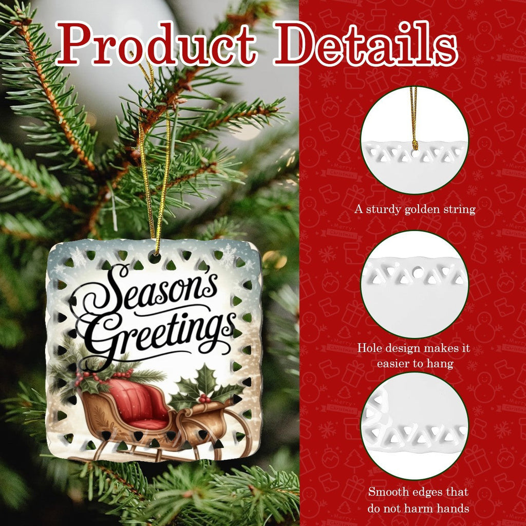 Vintage Season's Greetings Sleigh Cutout Square Ceramic Ornament