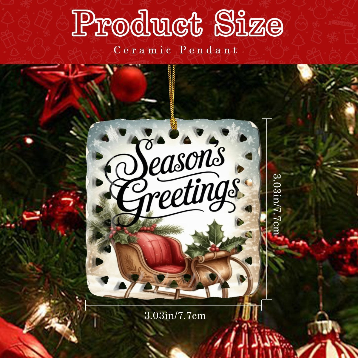 Vintage Season's Greetings Sleigh Cutout Square Ceramic Ornament