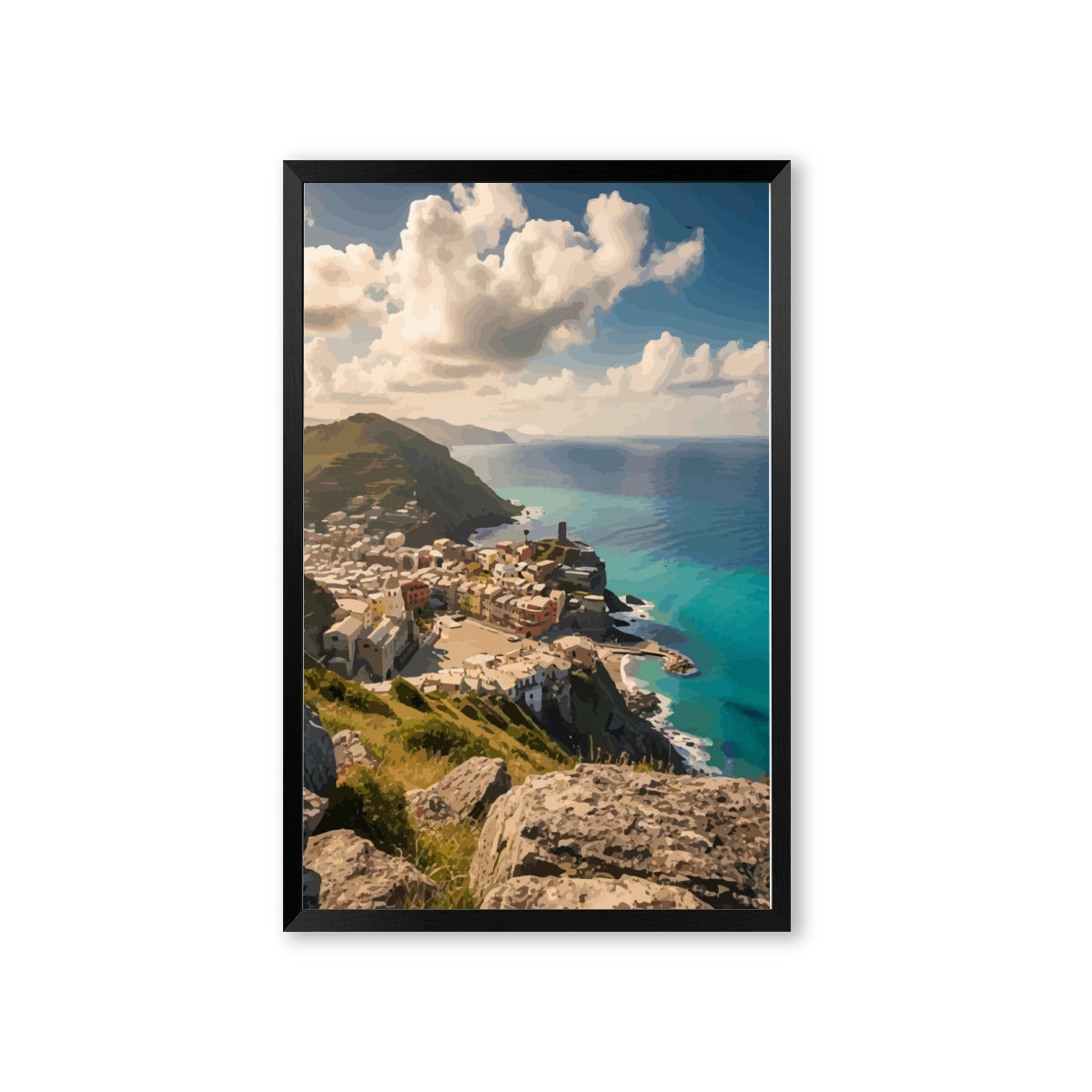 Quaint Village by the Ocean High Quality Framed Print - 16 x 24 inches