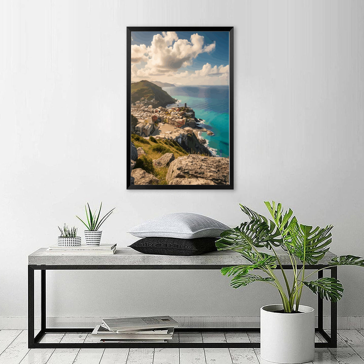 Quaint Village by the Ocean High Quality Framed Print - 16 x 24 inches