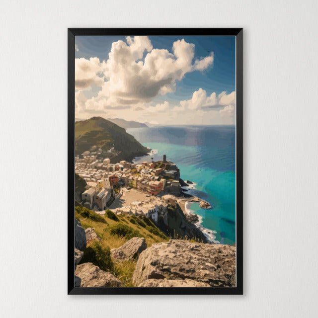Quaint Village by the Ocean High Quality Framed Print - 16 x 24 inches