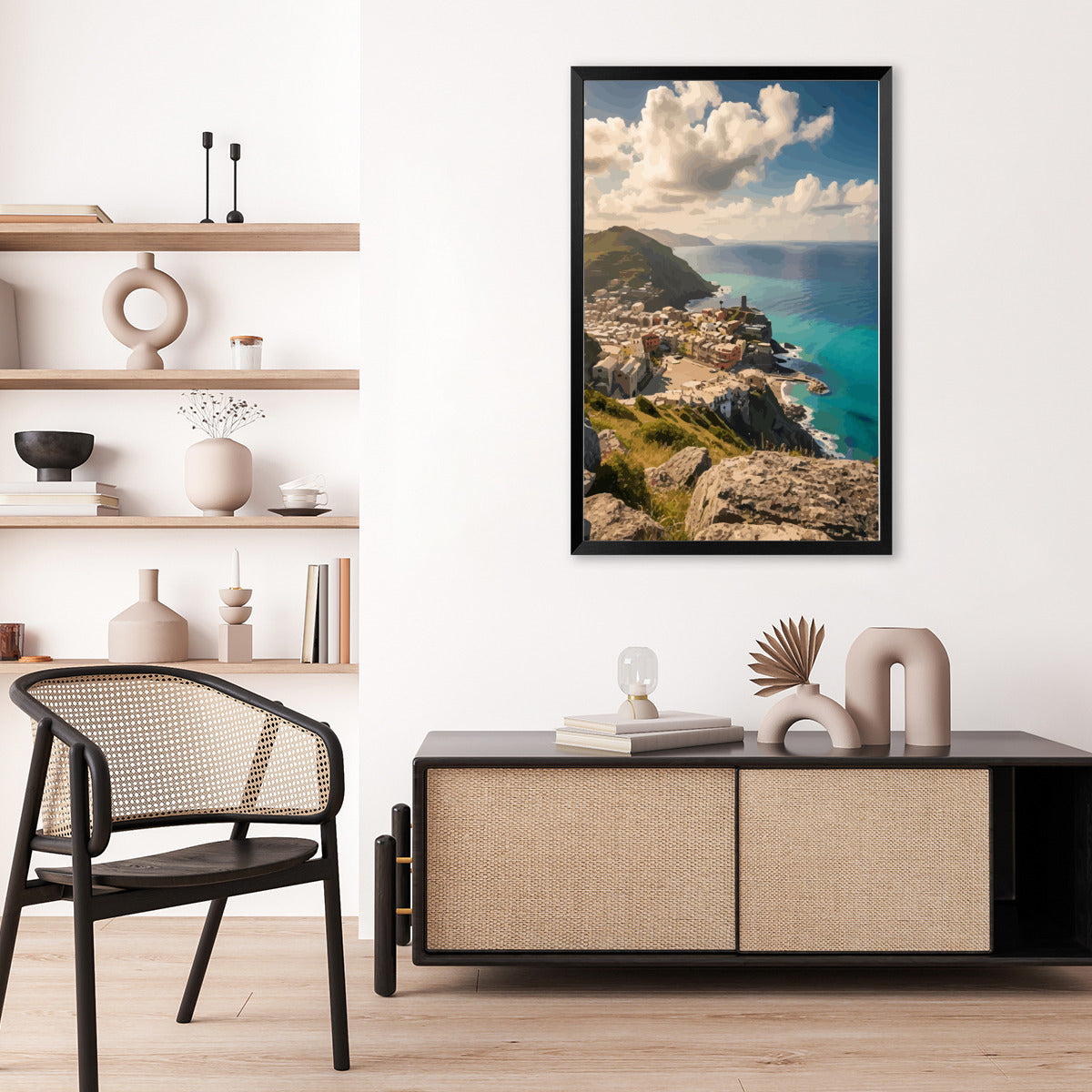 Quaint Village by the Ocean High Quality Framed Print - 16 x 24 inches