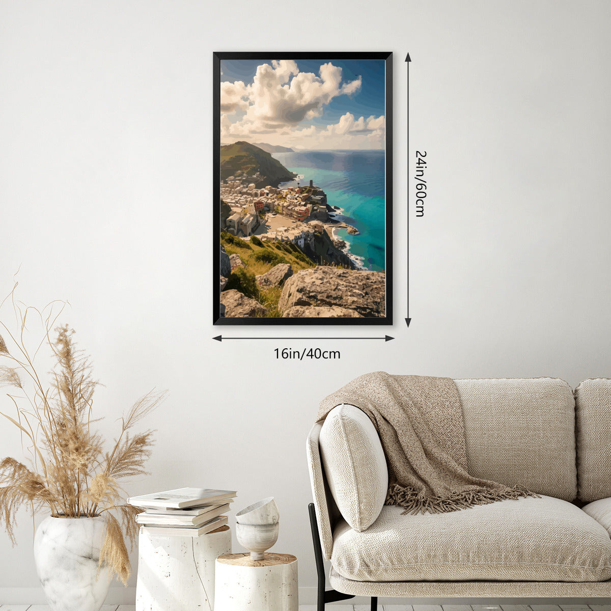 Quaint Village by the Ocean High Quality Framed Print - 16 x 24 inches