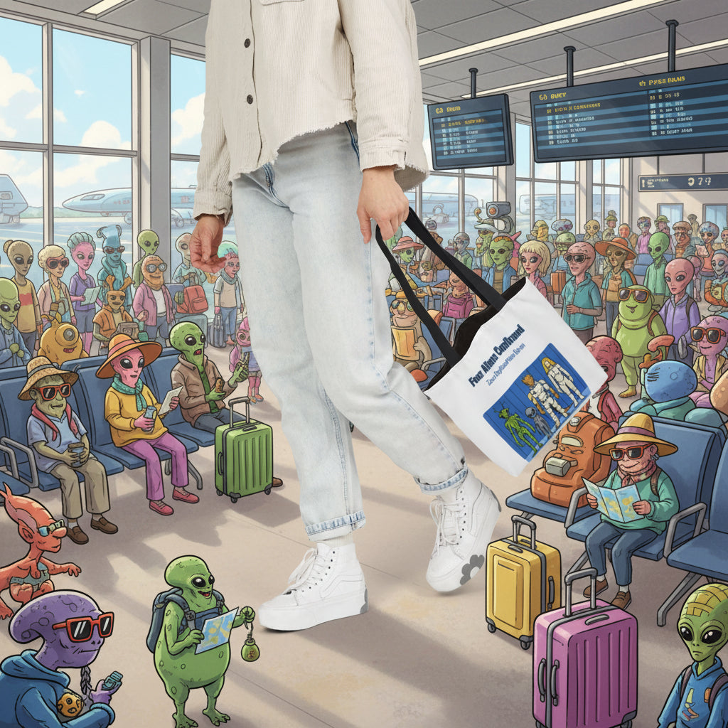 "Four Aliens Confirmed" Sci‑Fi Canvas Tote