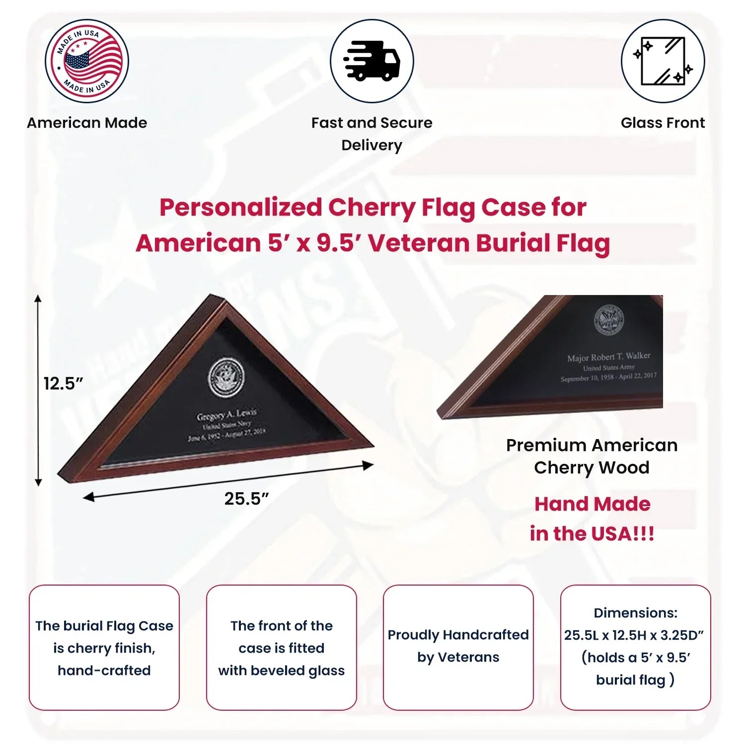 US Military Personalized Cherry Flag Case for American 5’x9.5’ Veteran Burial Flag
