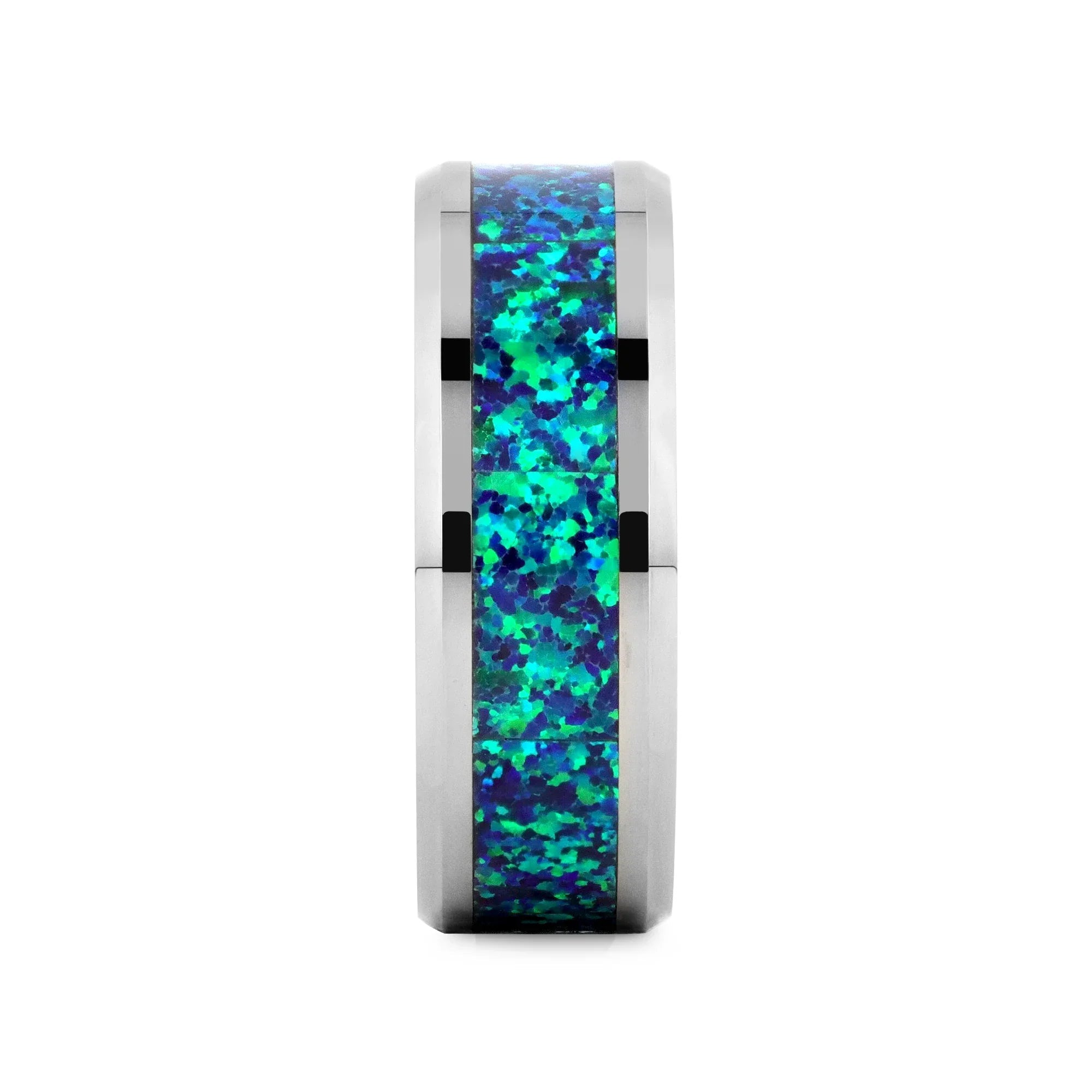 PHOTON Tungsten Beveled Wedding Band with Emerald Green & Sapphire Blue Color Opal Inlay - 6mm & 8mm