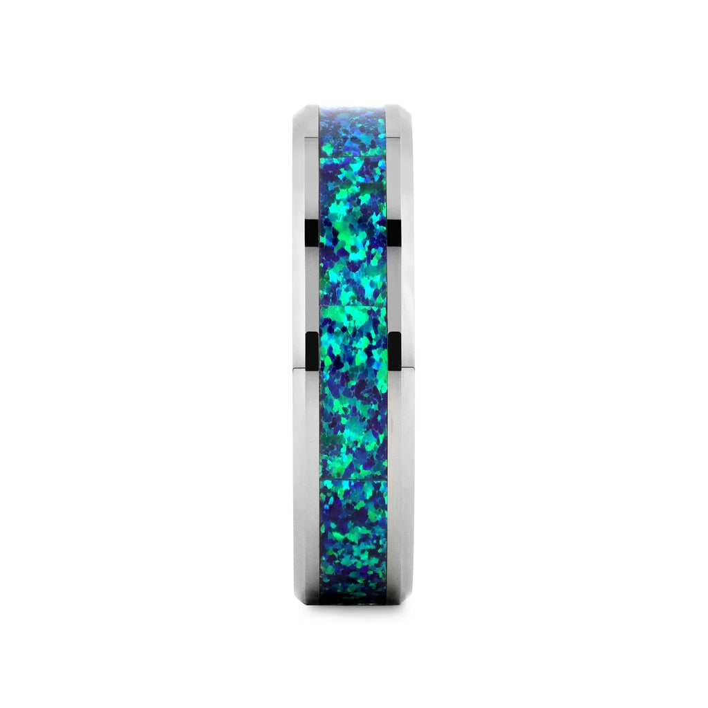 PHOTON Tungsten Beveled Wedding Band with Emerald Green & Sapphire Blue Color Opal Inlay - 6mm & 8mm
