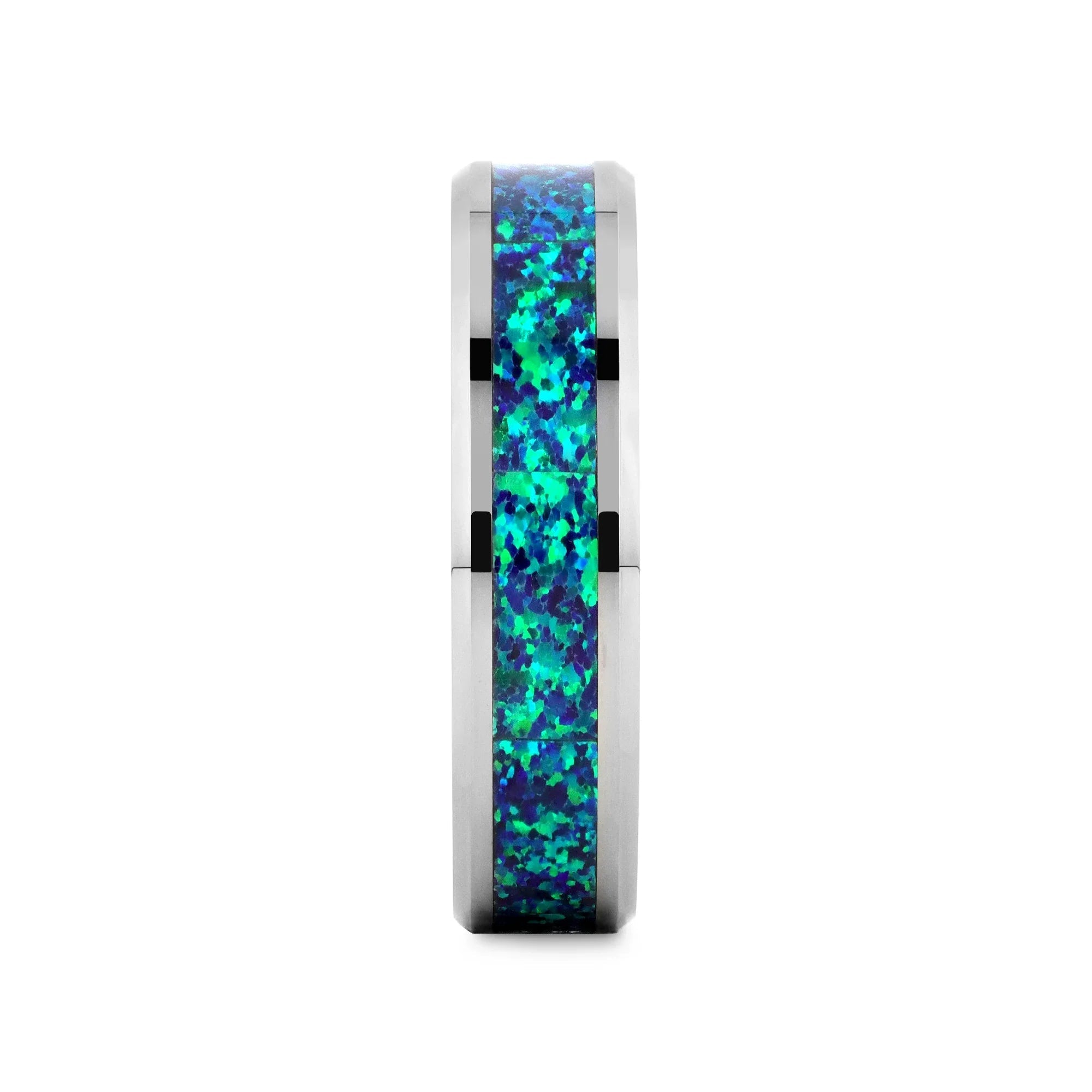 PHOTON Tungsten Beveled Wedding Band with Emerald Green & Sapphire Blue Color Opal Inlay - 6mm & 8mm