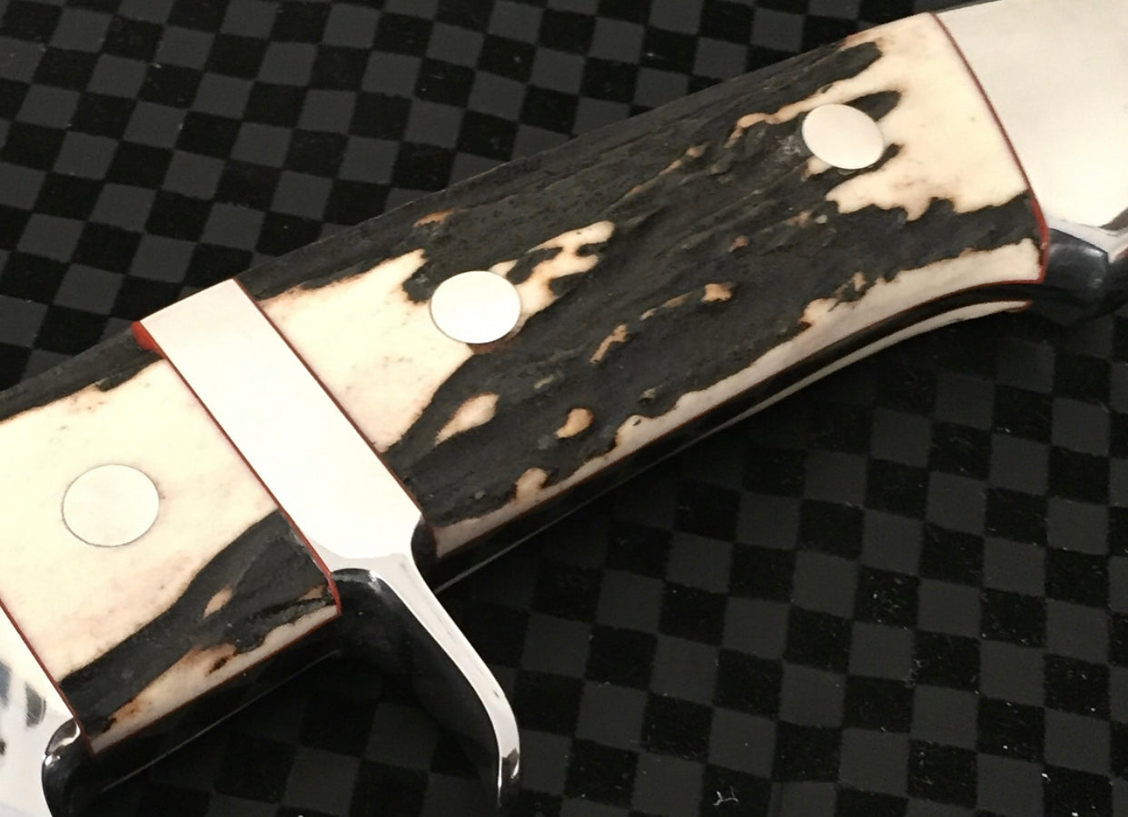 Pig Sticker Knife with Leather Sheath for Sale – Custom Handmade Full Tang D2 Steel Blade, Antler Horn Handle & Steel Double Guard | 13-Inch Hunting Knife – KBS Knives