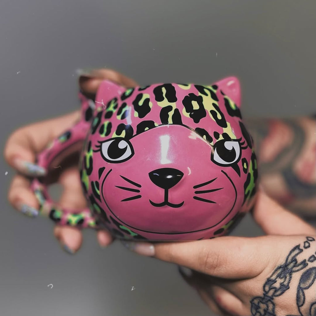 Pink Leopard Cat Mug | Cute Ceramic Coffee Tea Cup | Gift for Her