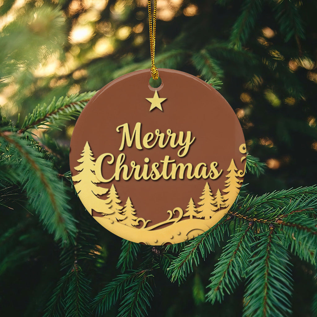Golden Merry Christmas Ceramic Ornament with Gold String