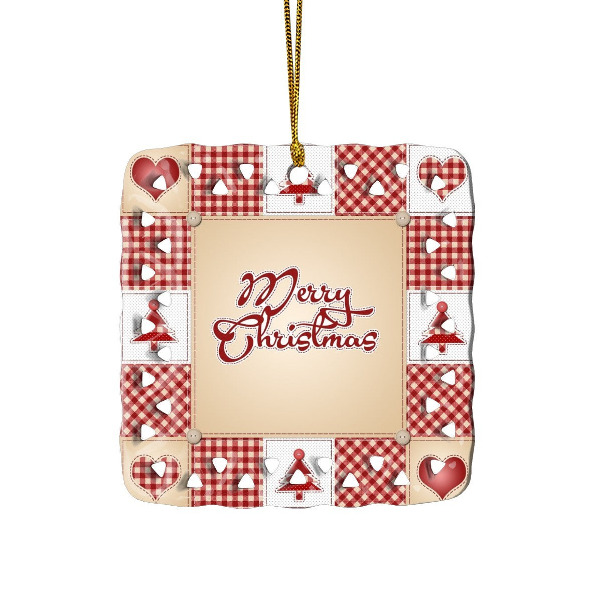Christmas Patchwork Design Cutout Square Ceramic Ornament